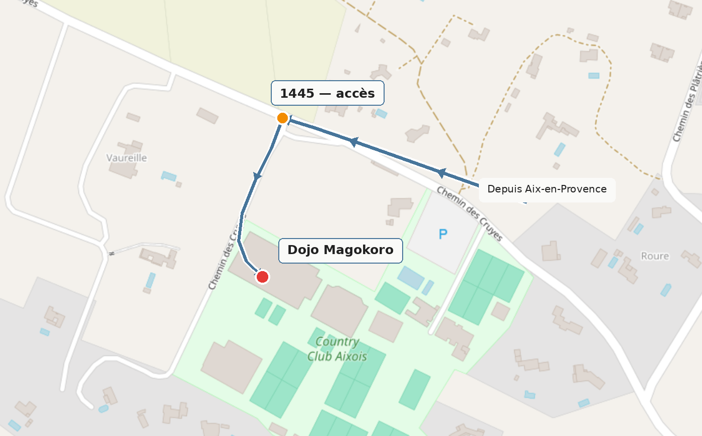 Plan d’accès au dojo Magokoro depuis le chemin des Cruyes à Aix-en-Provence, indiquant l’accès au n° 1445 et le chemin à suivre jusqu’au dojo, situé à proximité du Country Club Aixois.